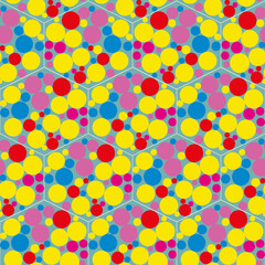 Abstract bubble hexagon vector seamless pattern background. Funky backdrop with honeycome style circles tropical yellow, pink, red, blue.Geometric repeat with varied bubbles. All over print for summer