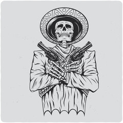 T-shirt or poster design with illustration of skeleton in a hat with pistols.