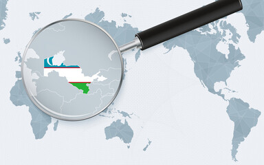 Asia centered world map with magnified glass on Uzbekistan. Focus on map of Uzbekistan on Pacific-centric World Map.