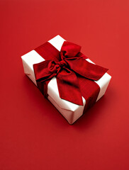 Gift box wrapped in white paper with red silk ribbon on red surface. Christmas and New Year luxury present, Valentine's day or birthday surprise concept. Angle view, copy space.