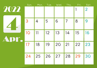 2022年　数字大きい　和カレンダー　4月