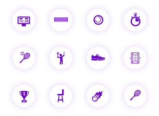 tennis purple color vector icons on light round buttons with purple shadow. tennis icon set for web, mobile apps, ui design and print