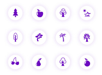 trees purple color vector icons on light round buttons with purple shadow. trees icon set for web, mobile apps, ui design and print