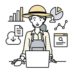 デスクで座ってPCを開いてリサーチしたりデータを分析してレポートにまとめている農家の女性