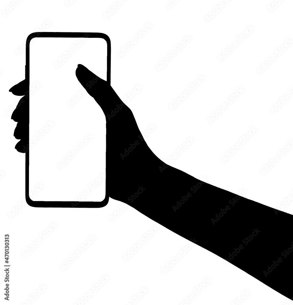 Wall mural illustration of a silhouette of a hand holding the smartphone with blank screen isolated white background.  hands using phone