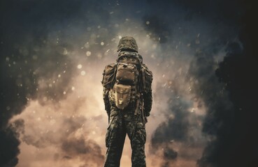Military soldier between smoke and dust at battlefield.