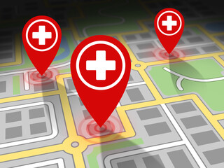 Generic 3D map with doctor / hospital / pharmacy GPS location icons. © DistantPixel