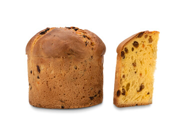 Panettone cake - traditional Italian Christmas cake from Milan , cake with slice isolated on white