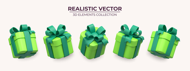 Set of Realistic green gifts boxes isolated on a light background. 3d illustration of five springly green gift boxes with bows and ribbons, Festive decorative 3d render object Realistic vector decor - 470130971