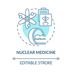 Nuclear medicine blue concept icon. Nuclear energy usage abstract idea thin line illustration. Chest x-ray and CT scanner. Radioactive materials. Vector isolated outline color drawing. Editable stroke