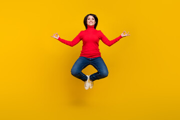 Fototapeta na wymiar Full body portrait of cheerful carefree lady arms fingers meditate isolated on yellow color background