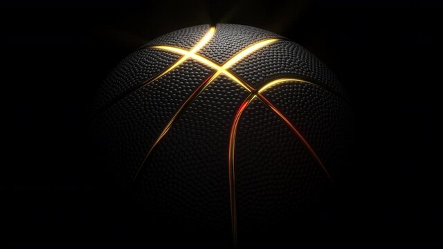 Black basketball ball with golden glowing lines and dimple texture rotating in the dark. Futuristic sports concept. 3d rendering
