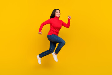 Fototapeta na wymiar Full body profile portrait of carefree cheerful person running have good mood isolated on yellow color background