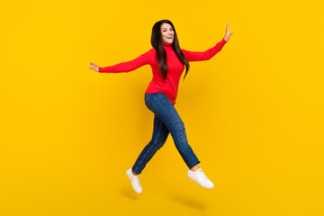 Fototapeta na wymiar Full size profile photo of excited crazy lady enjoy free time isolated on yellow color background