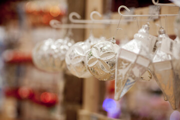 Christmas toy on the Christmas tree. New Year decoration. Decorated shop window