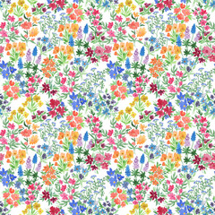 Watercolor painting seamless pattern with beautiful flowers. Retro design summer wallpaper - 470133124