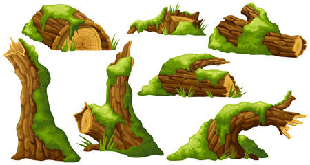 Logs, stumps in moss. Cartoon tree in lichen in swamp jungle. Broken oak in tropical damp forest. Set isolated vector element on white background.