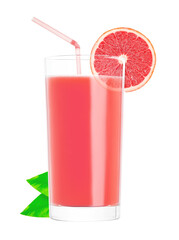 grapefruit juice in a glass with a drinking straw and slice of fresh grapefruit, decorated with grapefruit leaves. isolated objects on white background clipping path. ready to use.