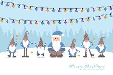 Obraz premium christmas greeting card with cute santa and christmas dwarf