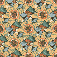 Six petal wildflower vector seamless pattern. Orange green botanical background with hand drawn meadow flowers in arts crafts style. Overlapping plant motifs. Vintage repeat for wellness, packaging