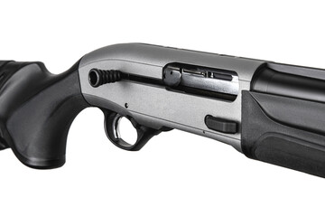 Modern semi-automatic shotgun. Weapons for sports and hunting. Black weapon isolate on white back.