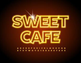 Vector Neon Banner Sweet Cafe with bright Glowing Font. Electric Alphabet Letters and Numbers