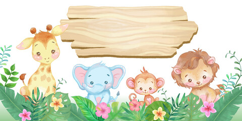 Wild Animals in Jungle. Frame, watercolor, Cute and Kids cartoon illustration.