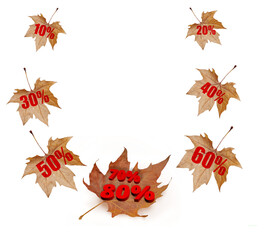 sale sales autumn leaves falling isolated in white background  10 20 30 40 50 60 70 80 % per cent rend numbers