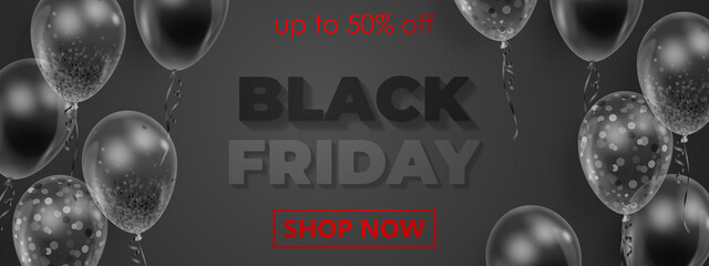 Poster for Sale, Black Friday with black and transparent balloons with confetti and text, letters on black background. Vector Holiday illustration for web, design, arts, advertising.