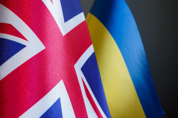 Close up of flags of Great Britain and Ukraine.