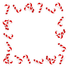 Blank Christmas border, candy cane frame with red and white stripes. Isolated on white background. Holiday design, decor. Vector illustration.