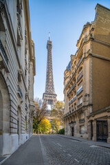 Fototapeta na wymiar Street with Eiffel Tower view in autumn season, Paris, France 