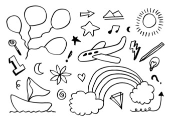 Hand drawn set of cute kids doodles.children drawings on white background.