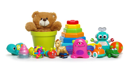 Many colorful toys isolated on white