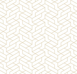 Pattern with diagonal golden lines and geometric shapes on white background. Seamless abstract monochrome linear texture. Hexagonal background. Linear graphic design for textile, fabric and wrapping.