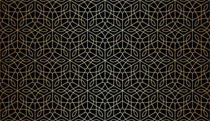 Seamless geometric pattern with golden stars and stylized flowers on black. Monochrome vector abstract floral design. Decorative lattice in Arabic style. Background for textile, fabric and wrapping.