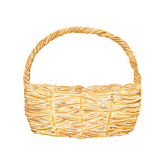 Vintage beige and yellow wicker basket isolated on white background. Hand-Drawn Watercolor Illustration for Wallpaper, Banner, Textile, Postcard or Wrapping Paper