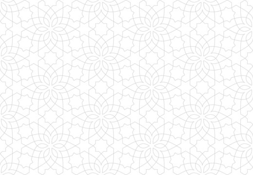 Seamless pattern with curl lines, stars and stylized flowers in Arabic style. Monochrome abstract line texture. Decorative vintage lattice on white background. Abstract ornament for fabric, wrapping.