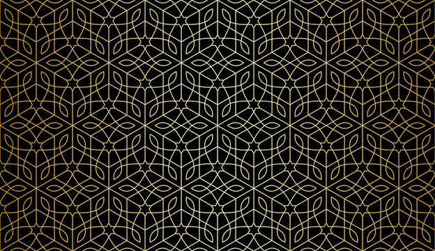 Seamless geometric pattern with golden stars and stylized flowers on black. Monochrome vector abstract floral design. Decorative lattice in Arabic style. Background for textile, fabric and wrapping.