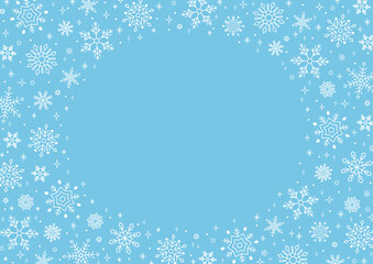 Snowflake Frame, Card template, White Line art on Light Blue Background