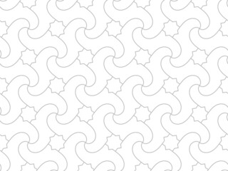 Seamless pattern with stars and curved lines on white background. Vector abstract geometric design. Decorative lattice in Arabic style. Ornament for textile, fabric and wrapping.