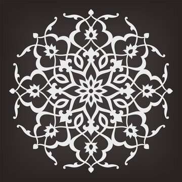 Pattern with interlaced curve stripes, stylized flowers, stars and scrolls. Eight pointed circular abstract Mandala. Round vector ornament in Arabesque style.