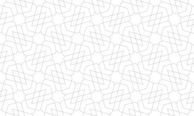 Рattern with thin grey straight lines, stars and polygons on white background. Seamless linear Abstract geometric design. Background in Arabic style. Vector ornament for textile, fabric, wallpaper.