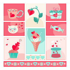 Set of flat valentines icons in pastel caramel colors with romantic symbols. Cakes and strawberry with coffee cup and mashmellow for february holiday stickers. Love elements in light pink and beige.