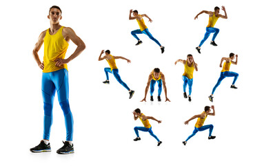 Fototapeta na wymiar Development of movements. Collage made of images of professional athlete in sports uniform isolated on white studio background.