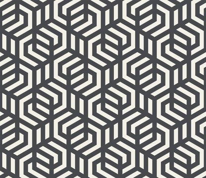 Pattern with with stripes, poligons and hexagonal elements. Trendy design with dark geometric shapes on light. Stylish seamless monochrome print, Repeating abstract background. Mosaic texture.