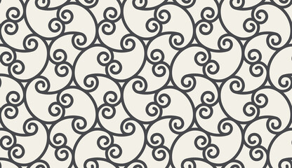 Seamless pattern with thin curl lines, branches and scrolls. Monochrome abstract floral pattern. Decorative lattice with stylized leaves. Modern swatch for vector design.