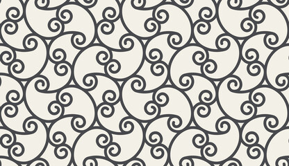 Seamless pattern with thin curl lines, branches and scrolls. Monochrome abstract floral pattern. Decorative lattice with stylized leaves. Modern swatch for vector design.