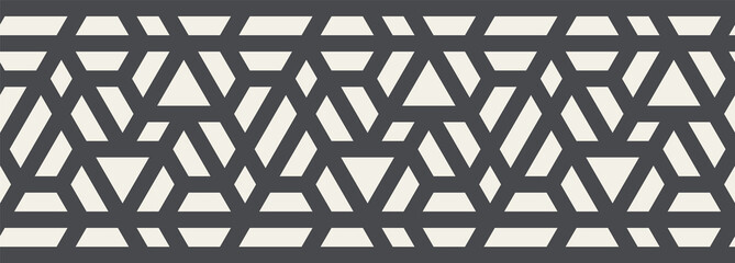 Border pattern with with stripes, poligons and hexagonal elements. Trendy design with dark fnd light geometric shapes. Stylish seamless monochrome print, Repeating abstract background. Mosaic texture.