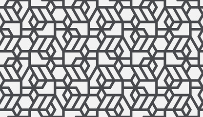 Pattern with with stripes, poligons and hexagonal elements. Trendy design with monochrome geometric shapes. Stylish seamless print, Repeating abstract background. Mosaic texture, decorative lattice.